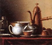 Still life of a chocolate pot,teapot,sucrier,bowl,teajar,tea cups and saucers,and silver spoons,all upon a draped table top unknow artist